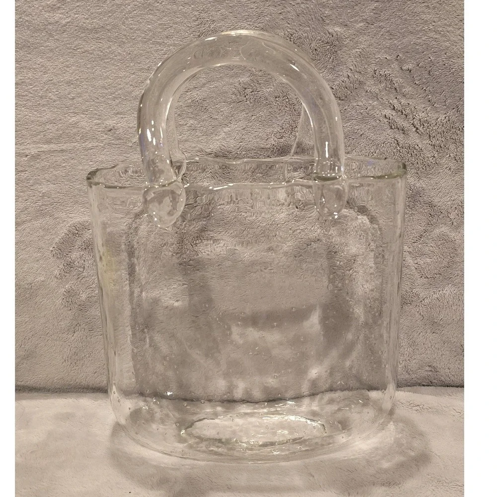 Hand Blown Clear Seeded Glass Purse Vase Handbag Tote Decorative Art Glass